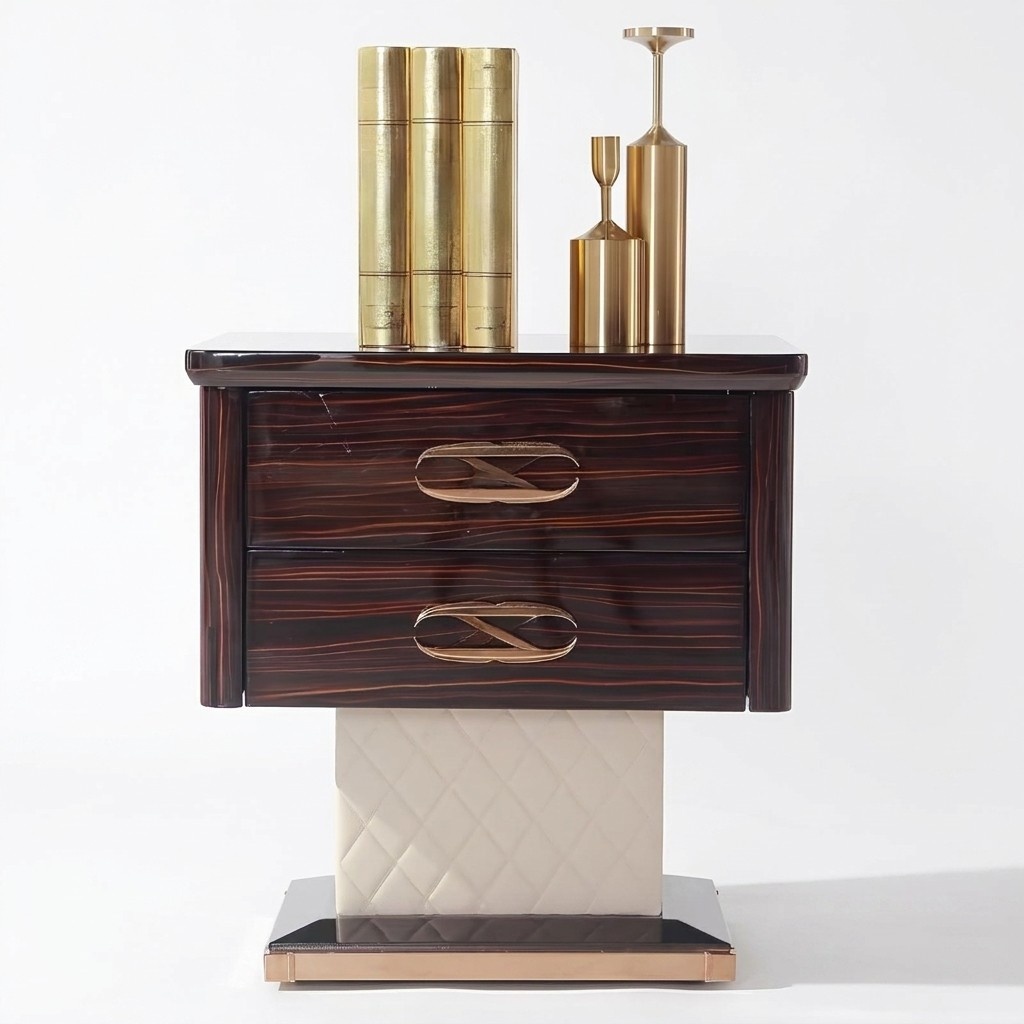 Modern style designer gloss bedside table made of real wooden & stainless steel with 2-sliding drawers