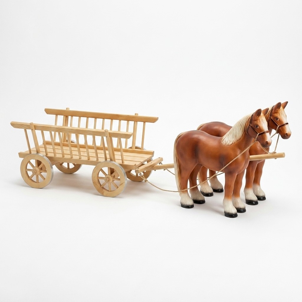 Decorative figure of 2-horses with wooden carriage statue 200cm length
