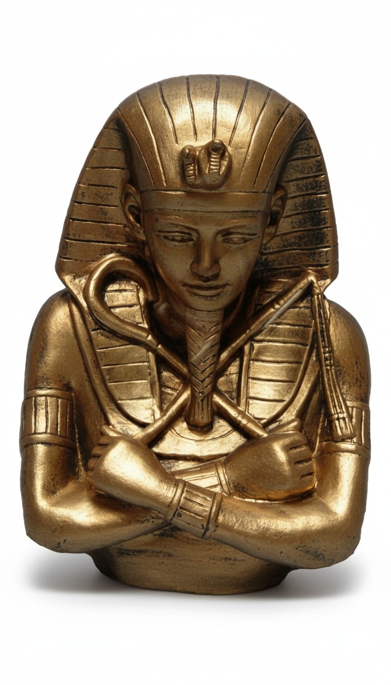 Golden colored deco figure of an ancient egyptian pharaoh tutankhamun looking down 36cm