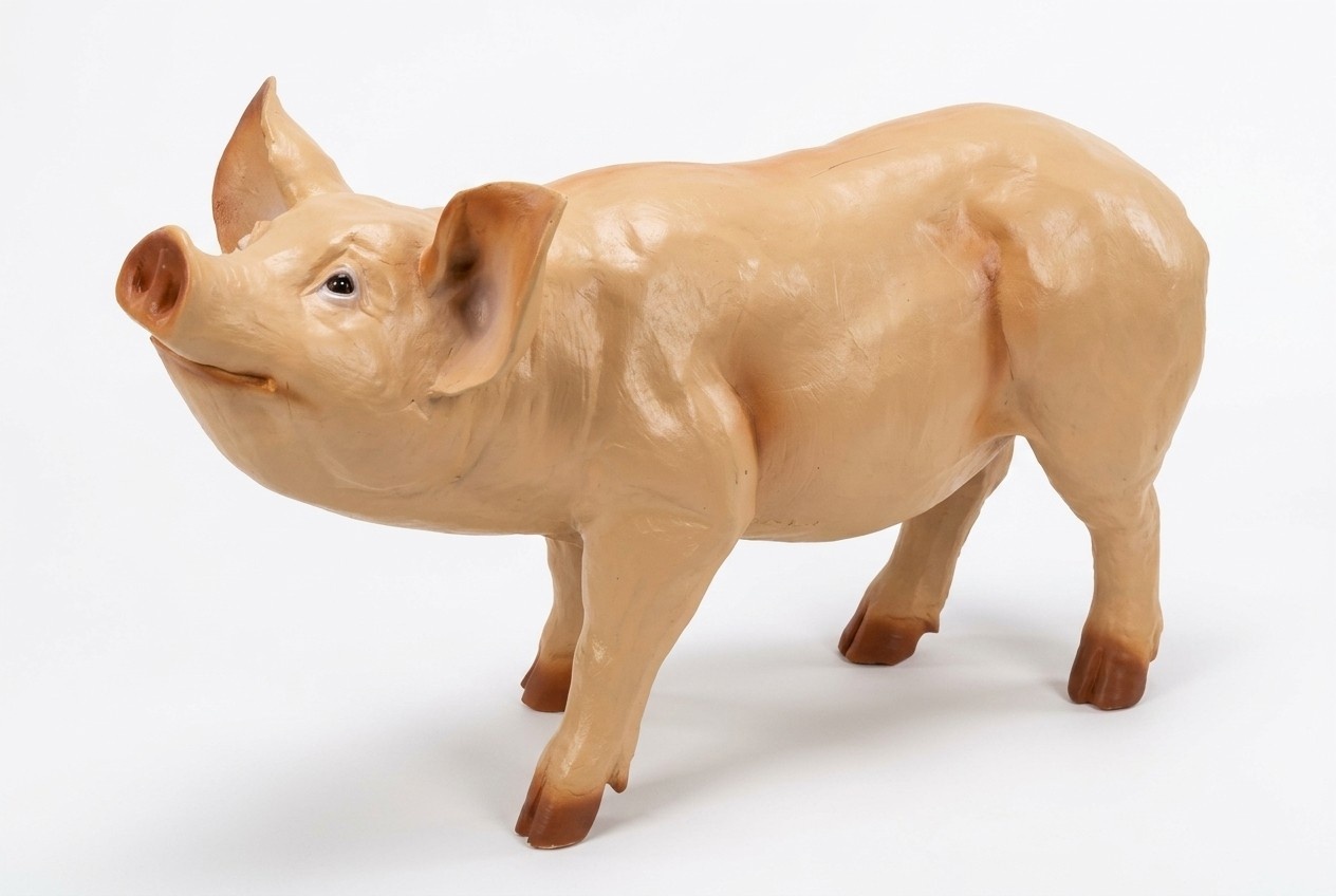 Light pink colored decorative sculpture of gloss pig looking up 38x25cm c673