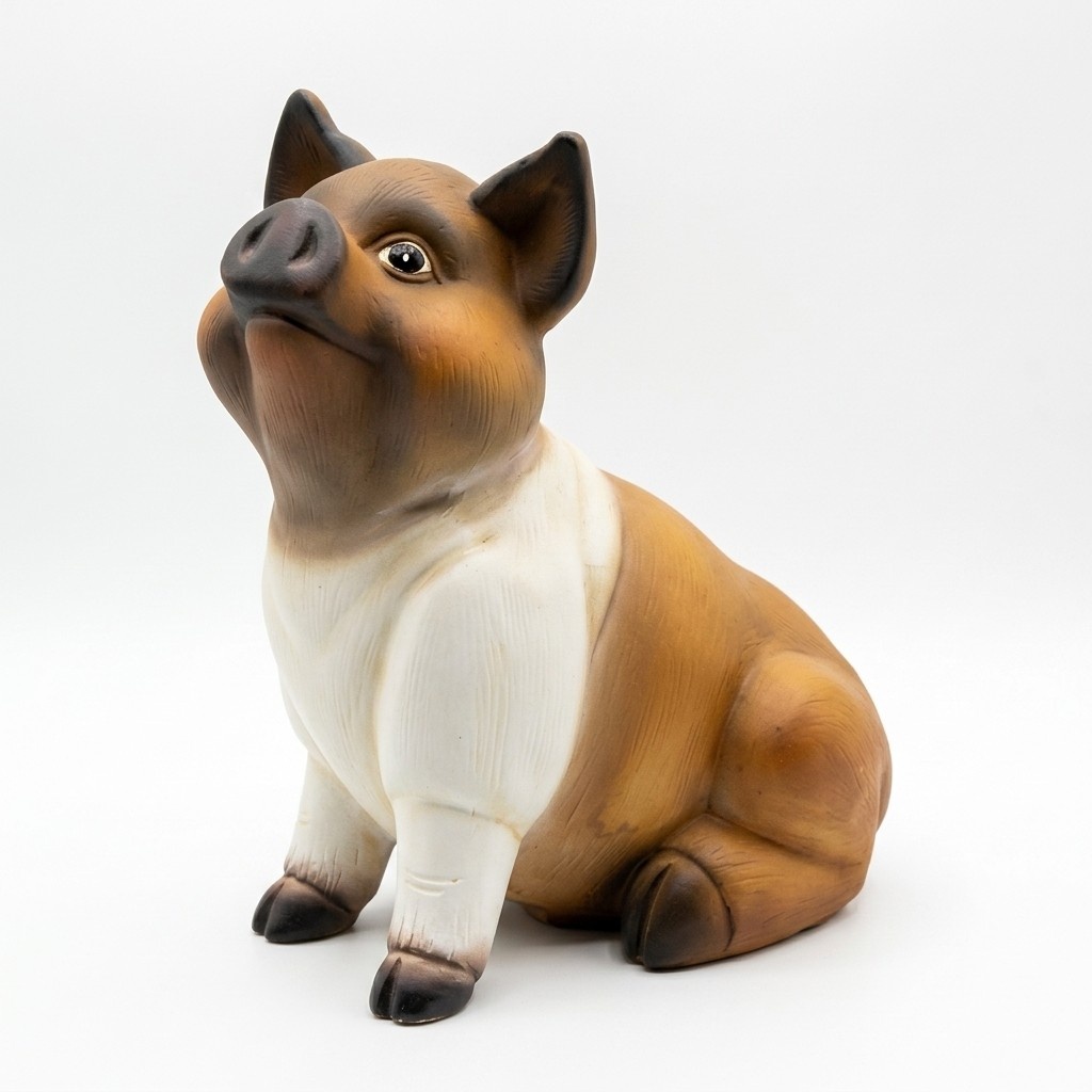 Motley brown white colored decorative sculpture of sitting piglet 56x60cm C177B
