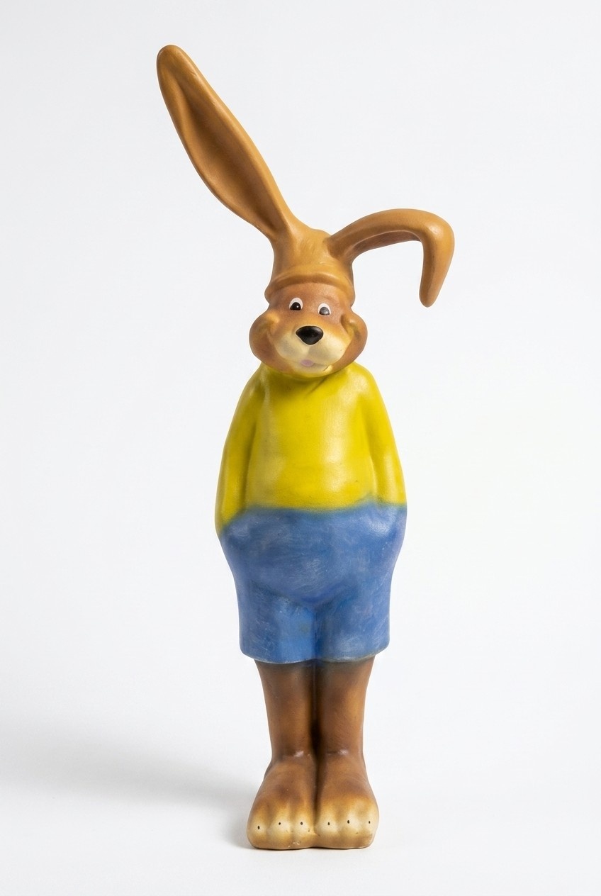 Light brown rabbit in yellow shirt & blue shorts with long ears 80cm height c457