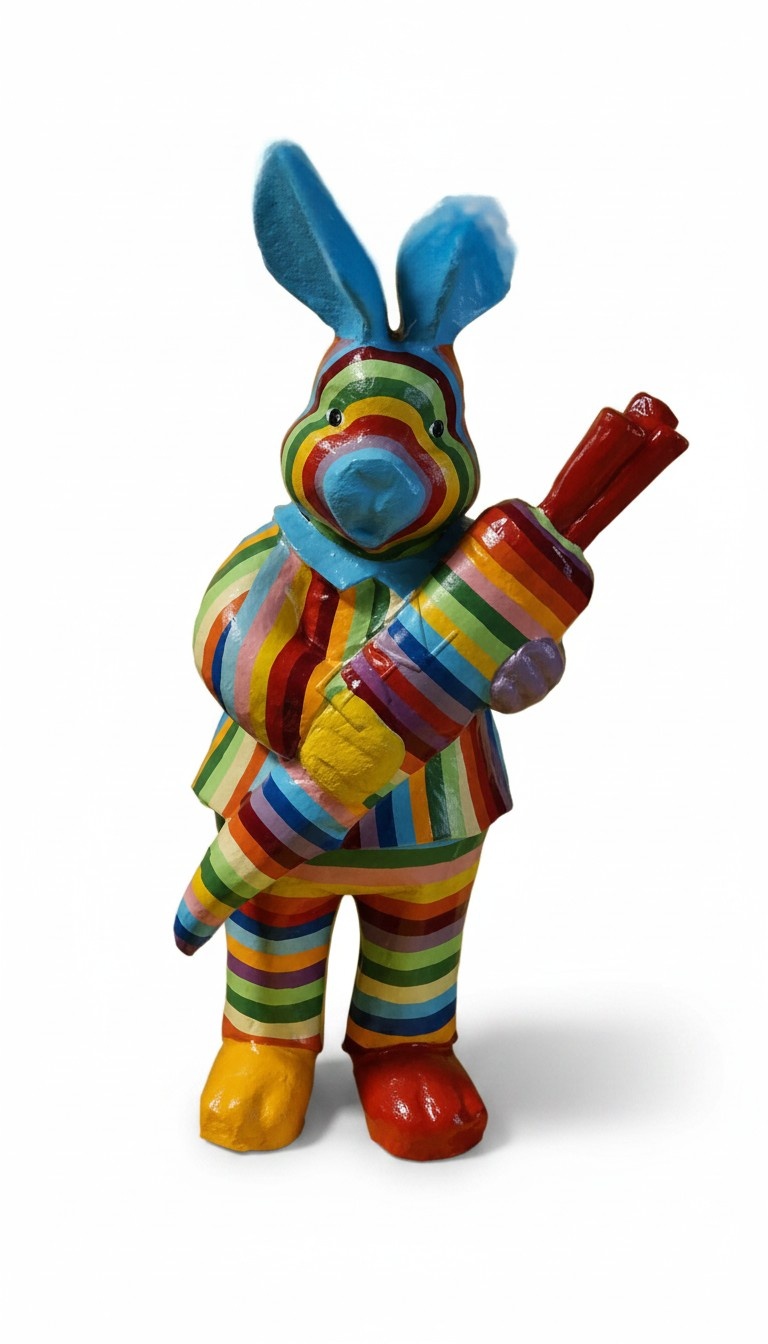 Blue rabbit decorative sculpture with a carrot in colorful stripes 86cm height