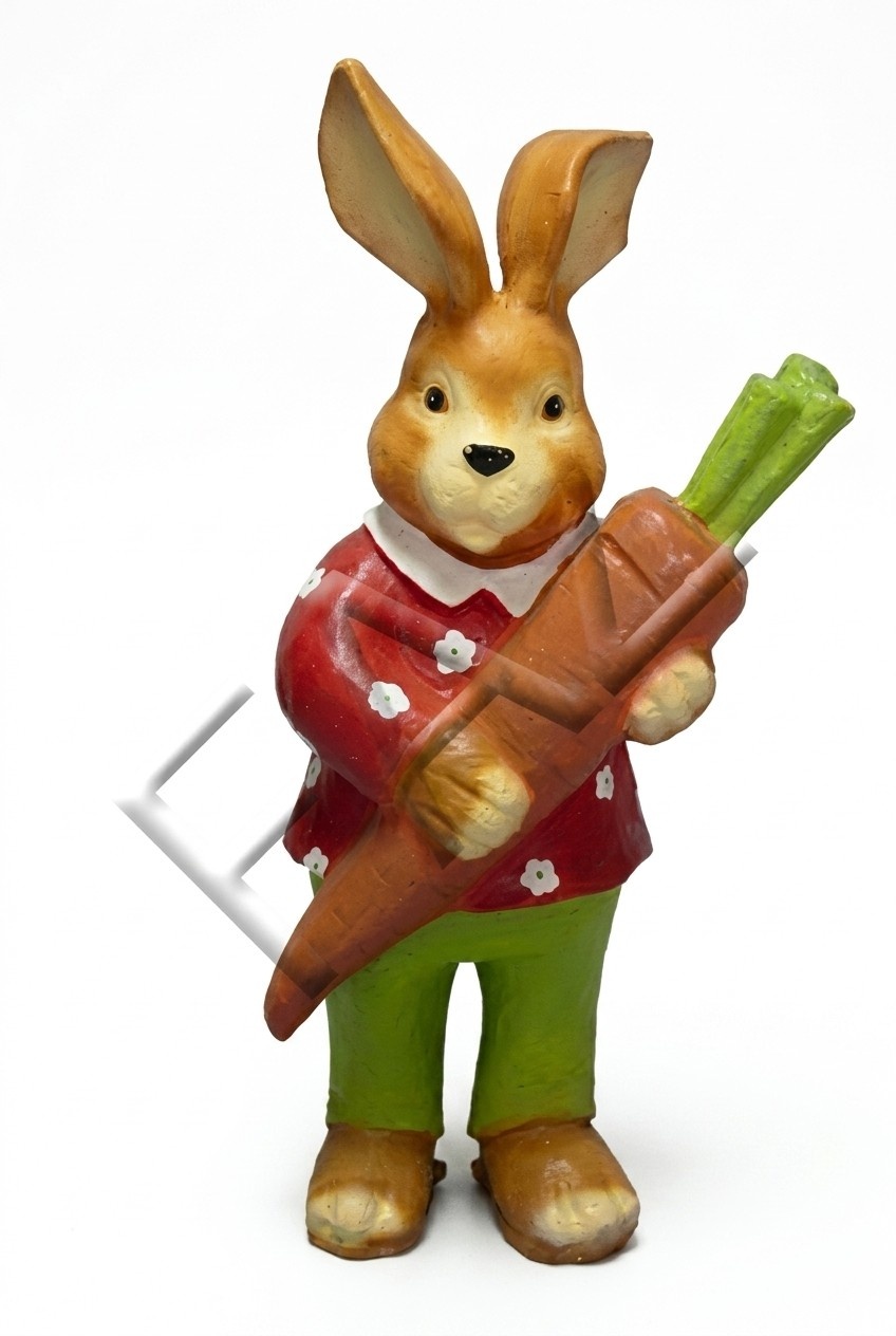 Orange colored rabbit with a carrot in red jacket & green pants decorative sculpture 86cm height C253