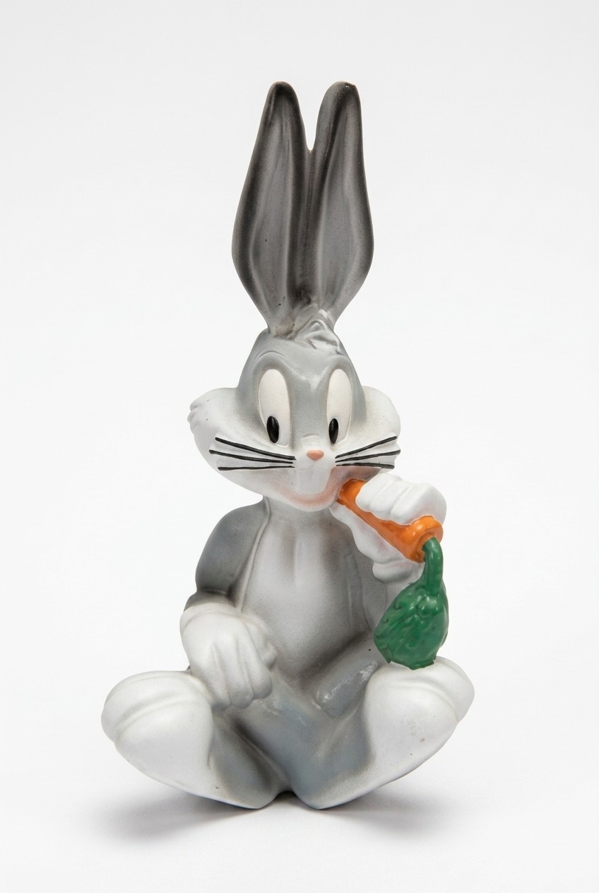 Decorative sculpture designed as gloss grey colored cartoon rabbit eating carrot