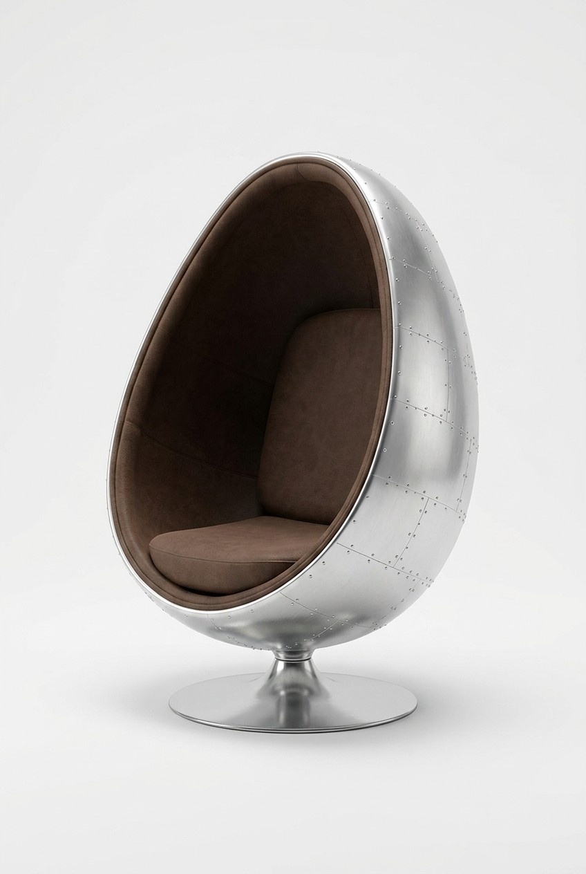 Design Retro Lounge Chair Seater Egg Ball Silver Rotatable Aviator Space Leather