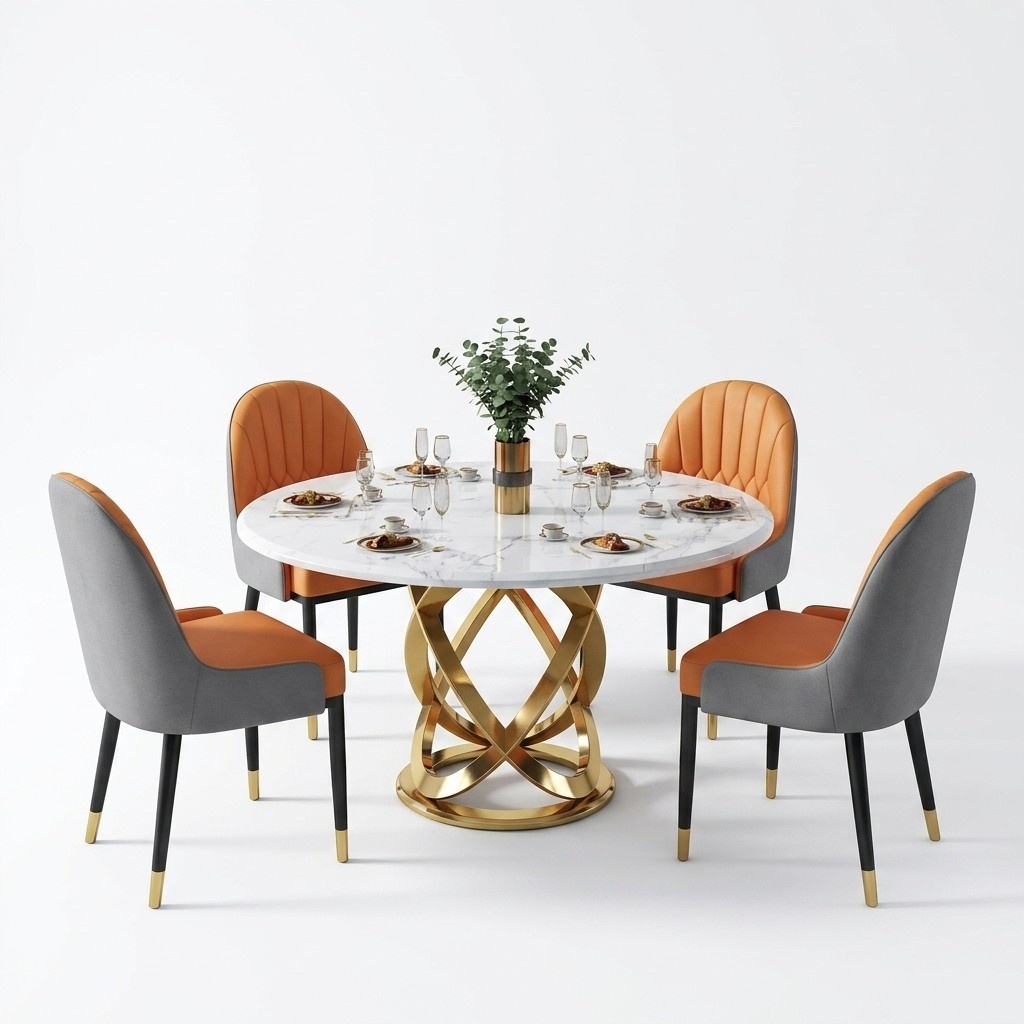 Design Round Dining Room Chair Set Metal Tables Armchairs 4x Chairs + Table Set