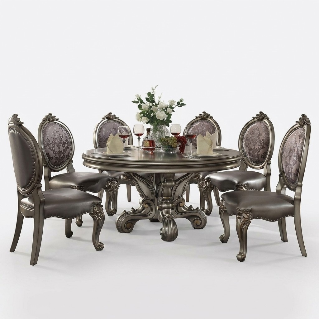 Design Round Table 6x Chairs Dining Room Seat Upholstery Round Tables Set Wood