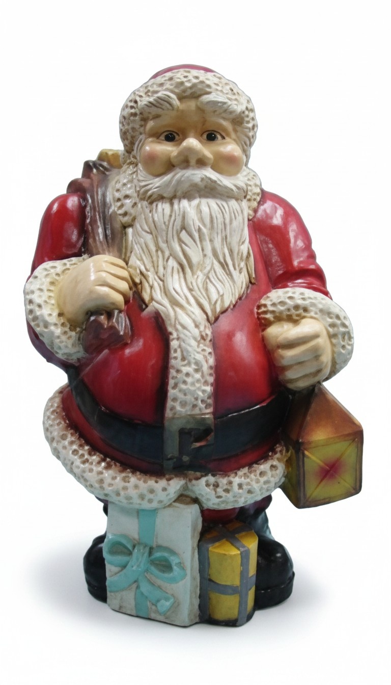 Decorative sculpture designed as santa claus with gift bag, presents & lamp 75x45cm