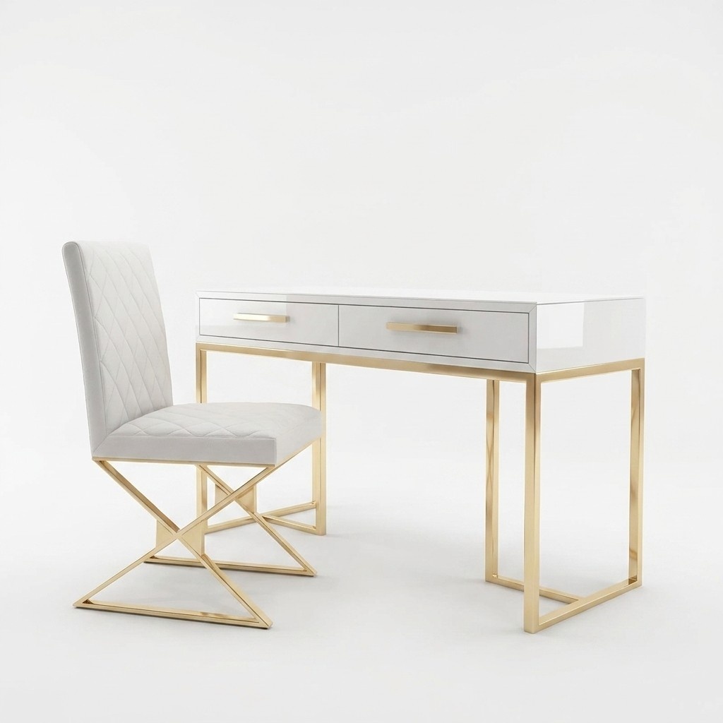 Design secretary luxury desk office furniture stainless steel high gloss tables armchairs