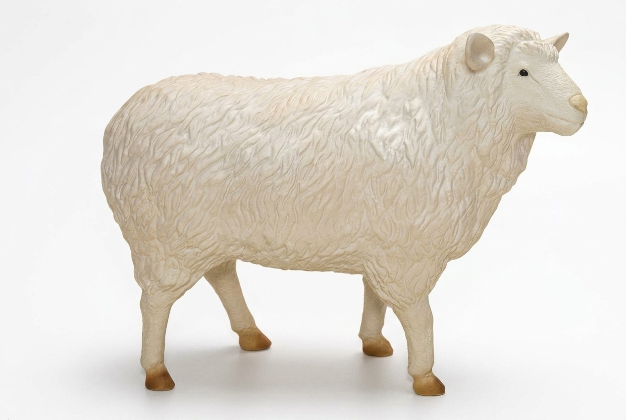 Massive garden decorative sculpture designed as full white colored shaggy sheep 85x115x45cm