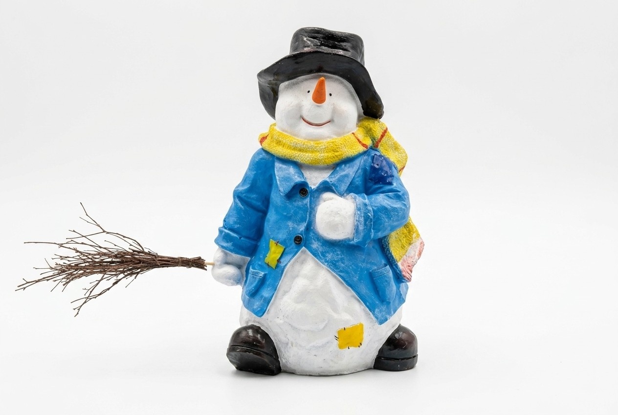 Decorative sculpture designed as a snowman in a blue jacket with a broom 75x50x40cm