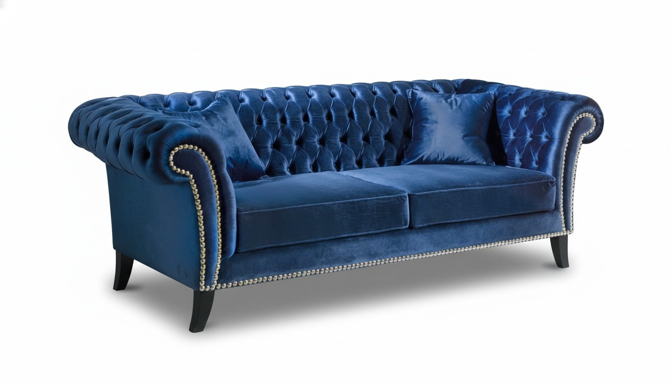 Chesterfield Classic Sofa 3-Seater Blue Textile Upholstered Living Room Comfortable Couch With Cushions New