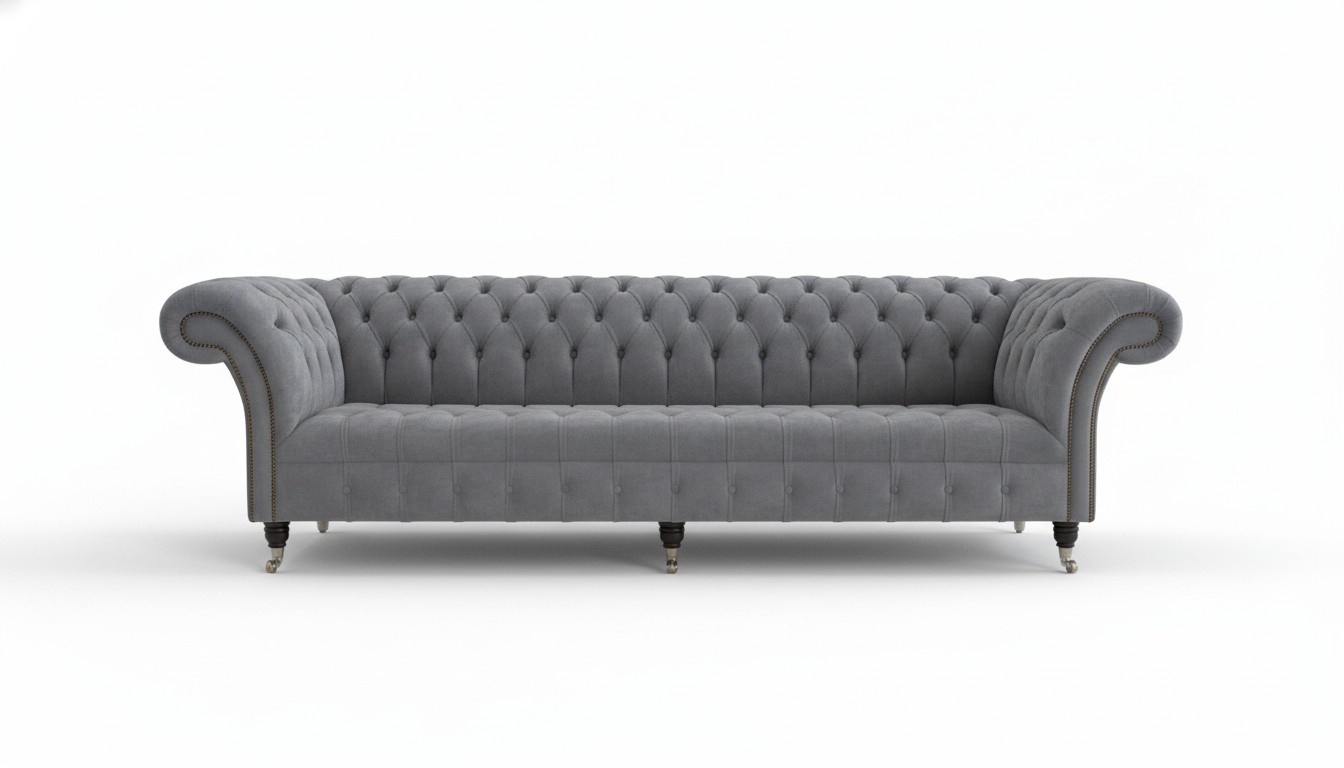 Luxurious Chesterfield Sofa 4-Seater Grey Textile Upholstered Comfortable Living Room Couch on Casters New