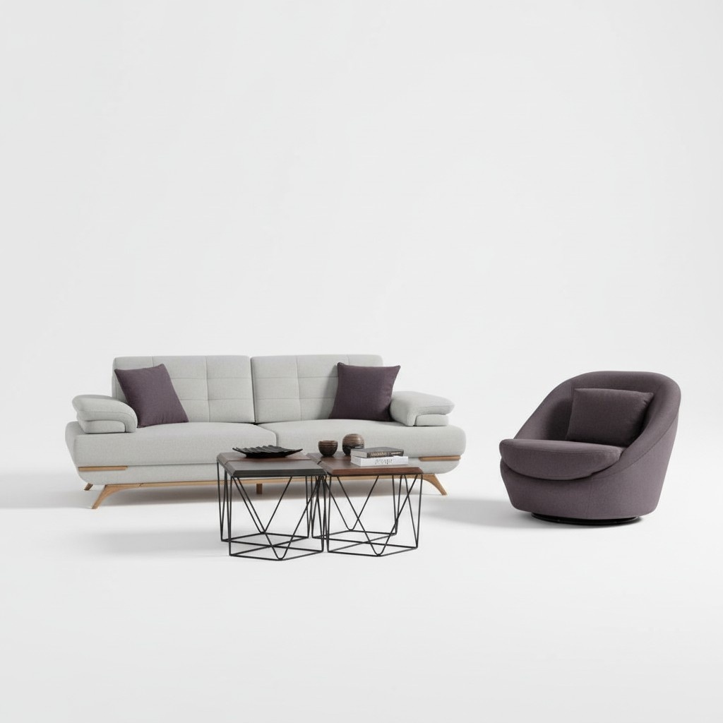 Design Sofa Set 3+1 Grey Brown Upholstery Lounge Couch Living Room Modern Wooden Legs