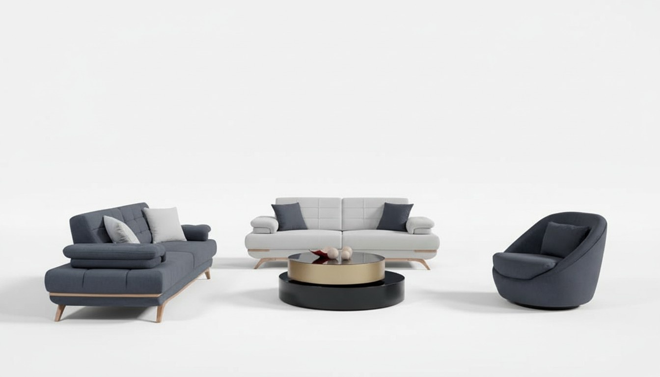 Design Sofa Set Living Room Upholstery Ensemble Grey Blue Modern 3+3+1 Elegant