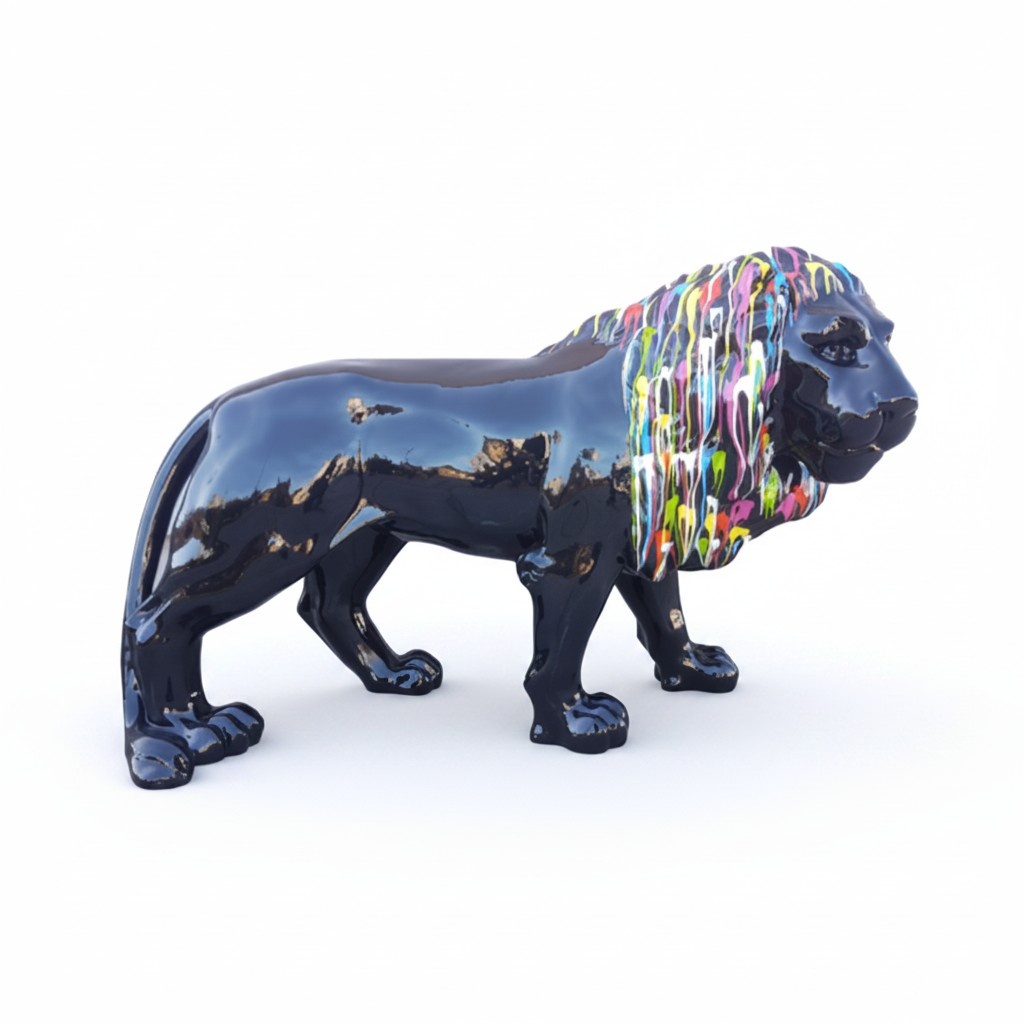 Decorative sculpture designed as gloss black lion with colored mane 140x190cm sizes