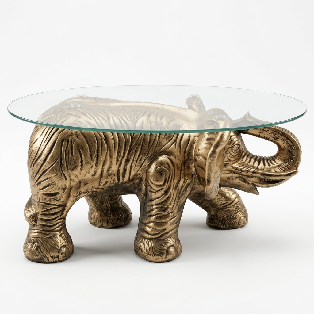 Oval glass coffee table with a decorative golden elephant sculpture 40cm