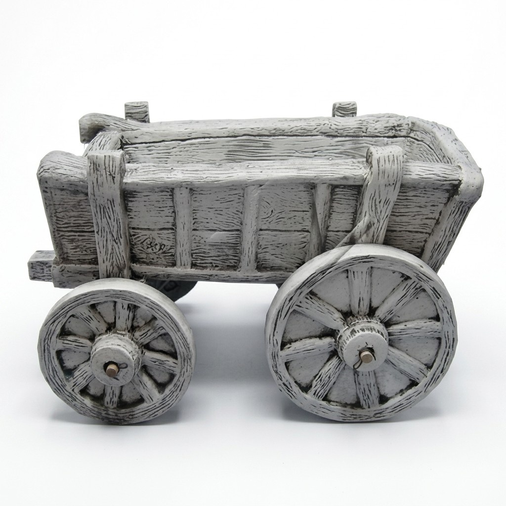 Decorative flower pot designed as a full white colored ancient wooden wagon 73x44cm