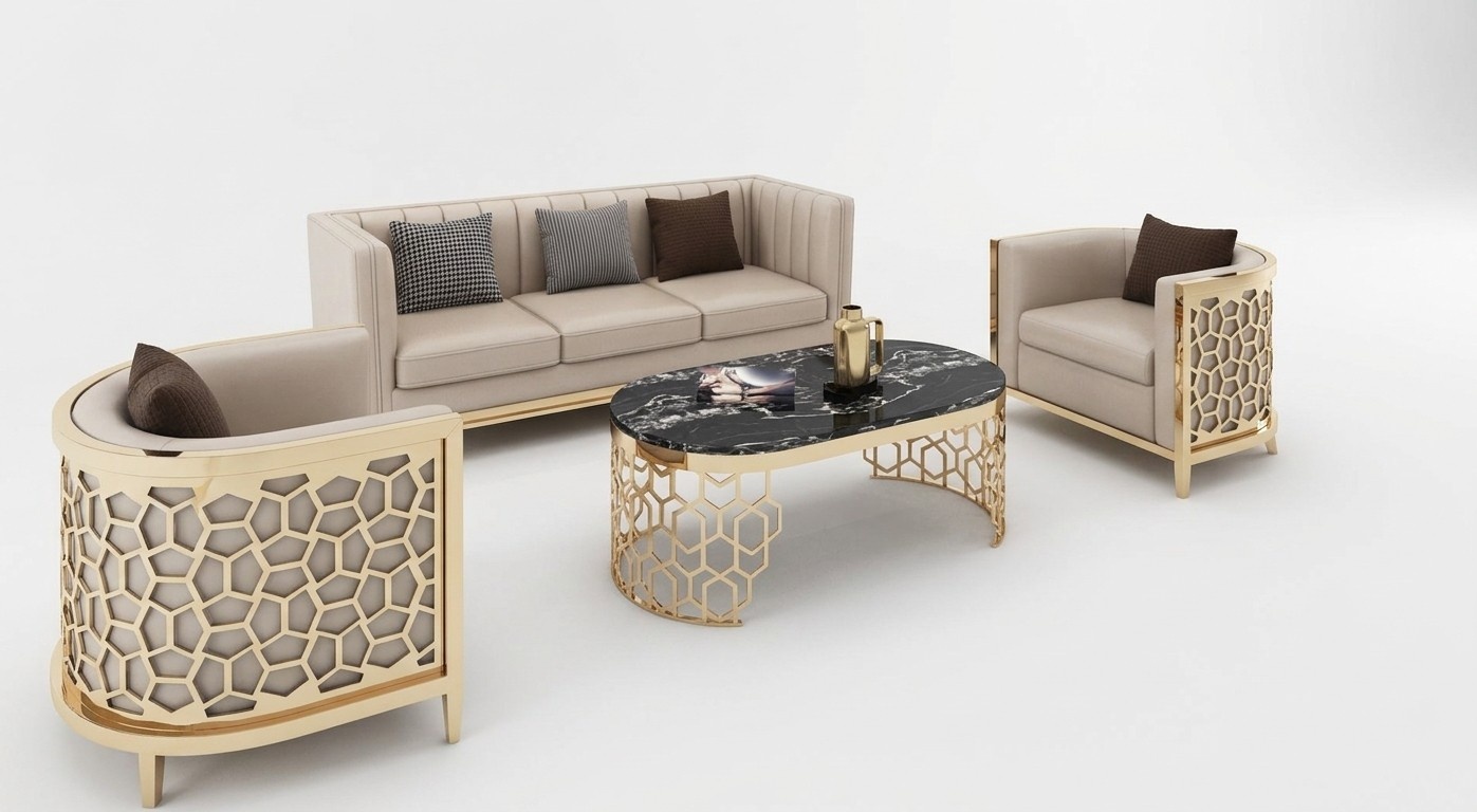 Design Upholstered Sofas Leather Relax Modern NEW Beige Seating Set 3+1+1 Seater