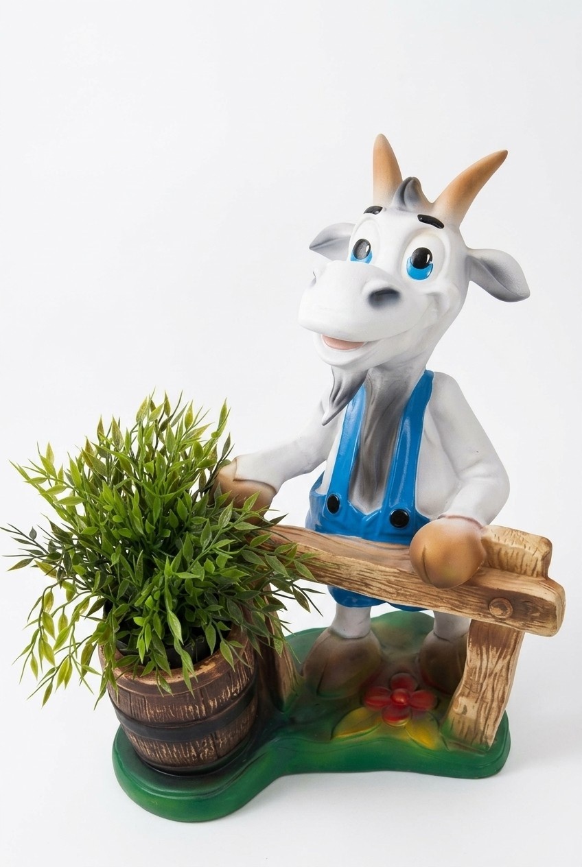 Decorative sculpture designed as goat with a barrel of plants 50x37cm sizes