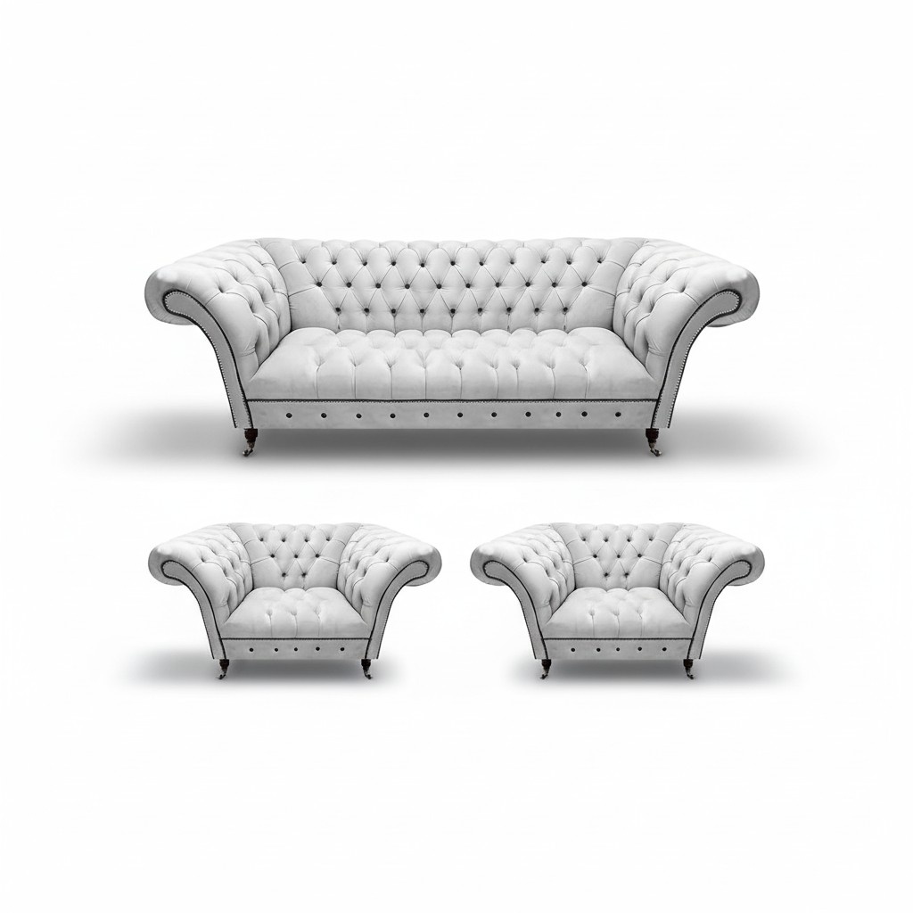 Design White Sofa Set 3-Piece Chesterfield Living Room Modern Armchair New