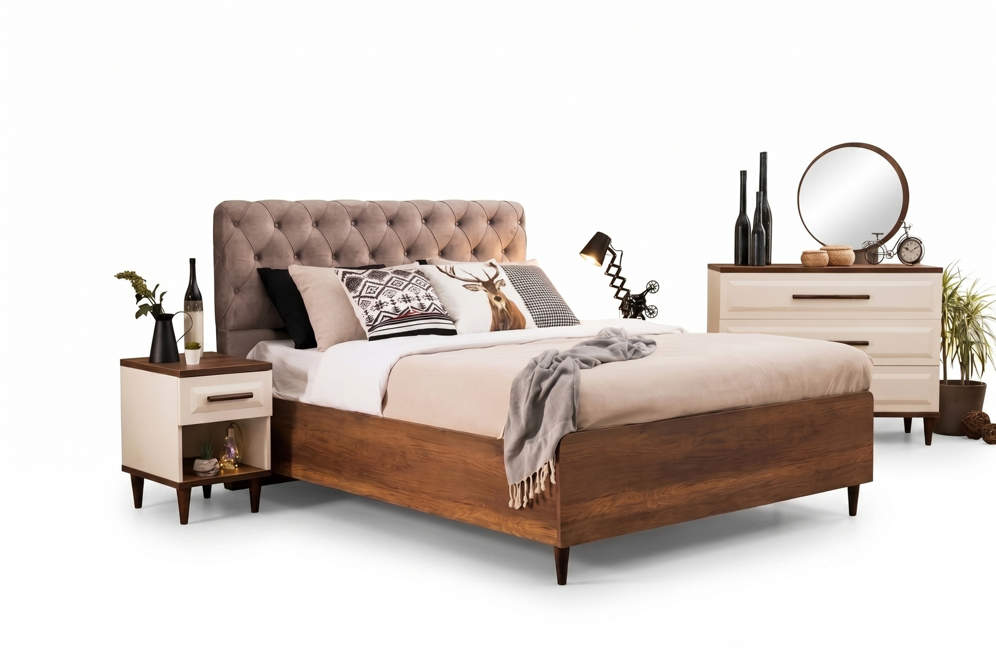 Design wooden furniture bedroom set 5 pieces bed 2 nightstands dresser with mirror