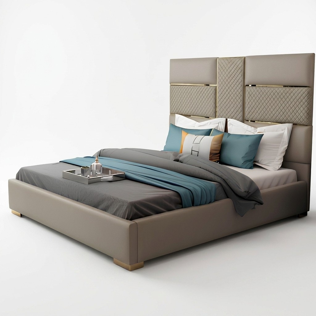 Designer marriage double bed with high backrest in modern style 180x200cm size made of leather