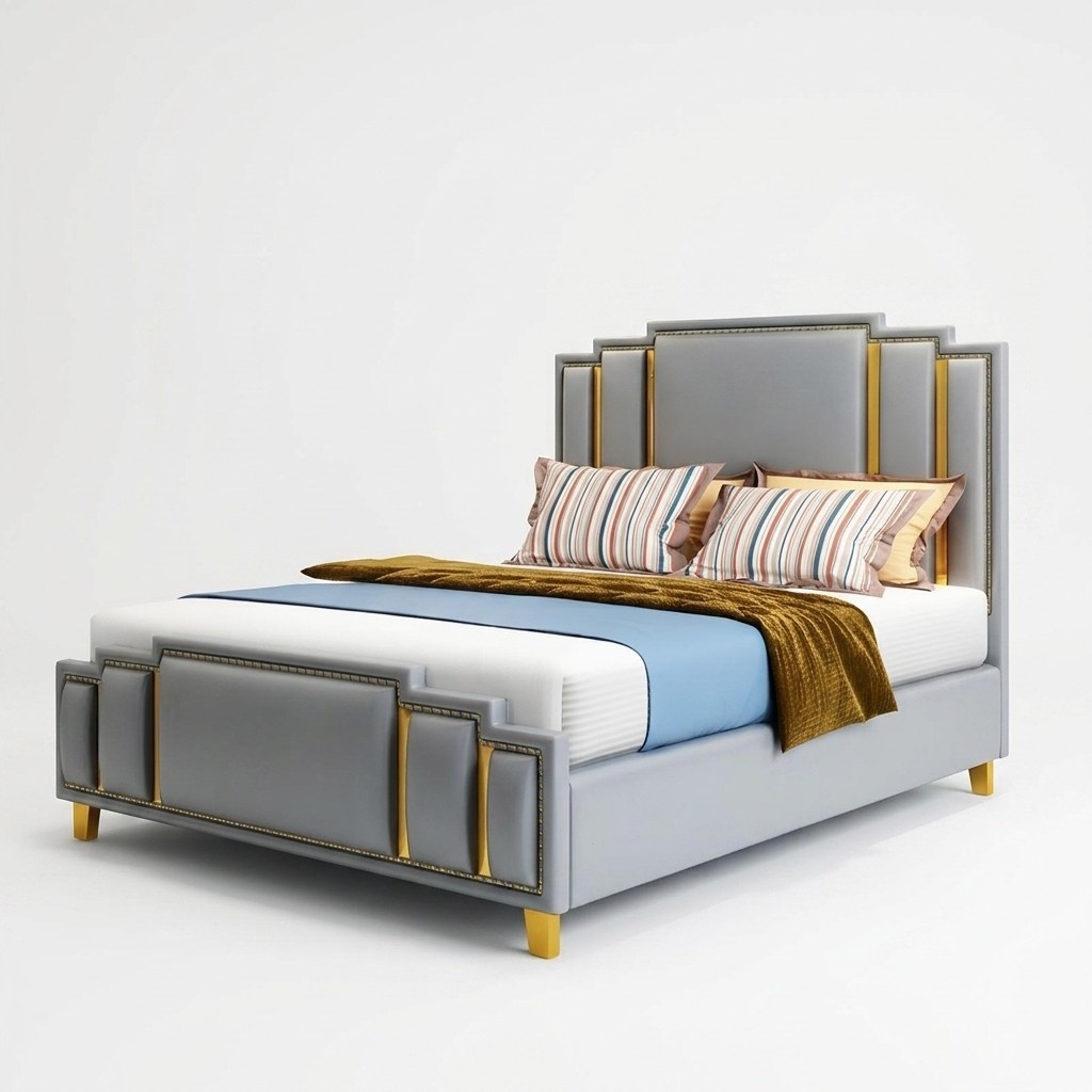 Designer leather marriage double bed in modern style stainless steel 180x200cm size