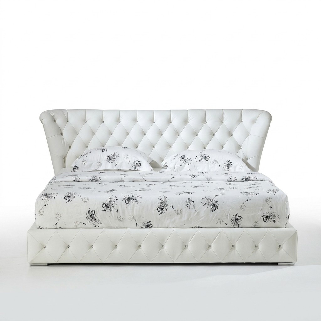 Modern style chesterfield design premium faux leather upholstered double bed with massive headboard & crystal stones 140/160/180/200x200cm sizes