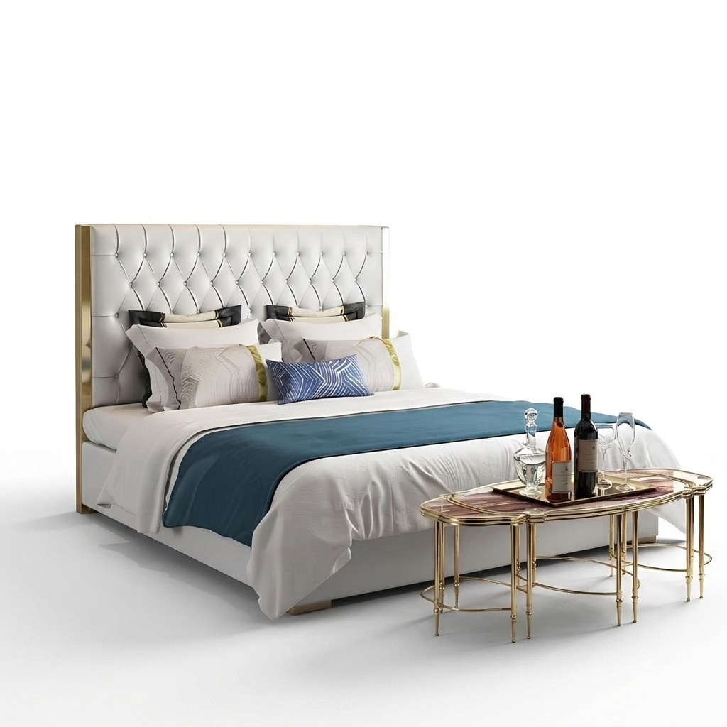 Designer leather double bed in modern style with height chesterfield backrest