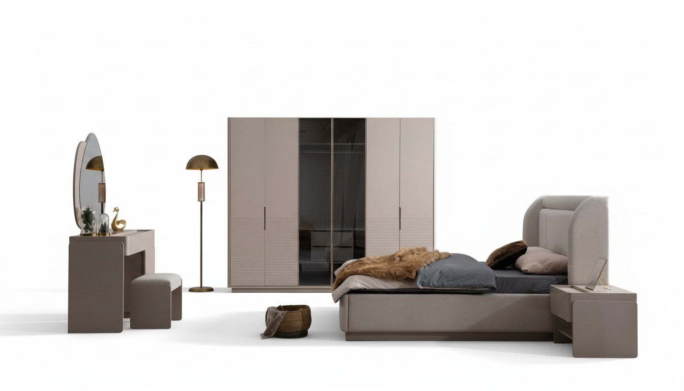 Designer beige bedroom set bed, 2 nightstands, wardrobe, 5 pieces.