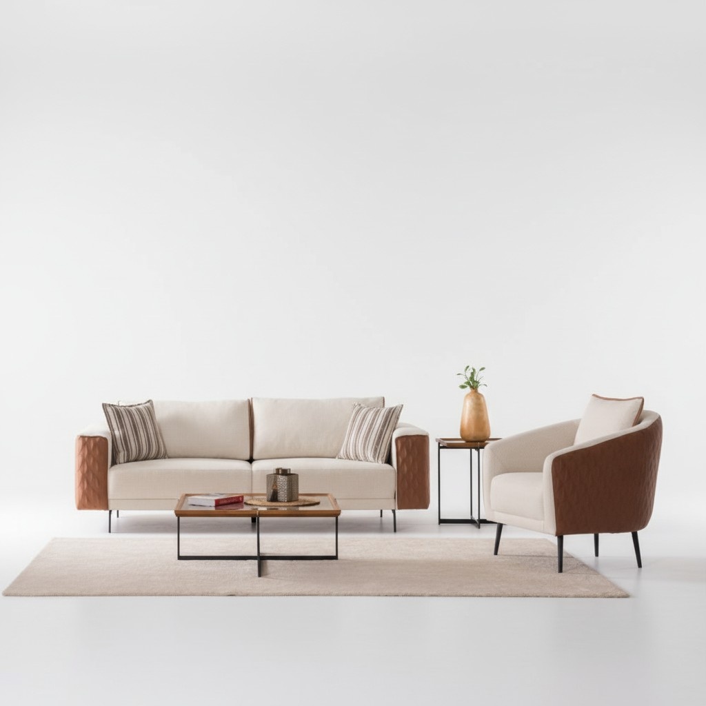 Designer beige sofa set stylish three-seater elegant upholstered armchair 2-piece