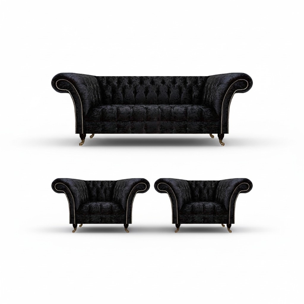 Designer Black Chesterfield Suite Elegant Armchairs Upholstered 3-Seater