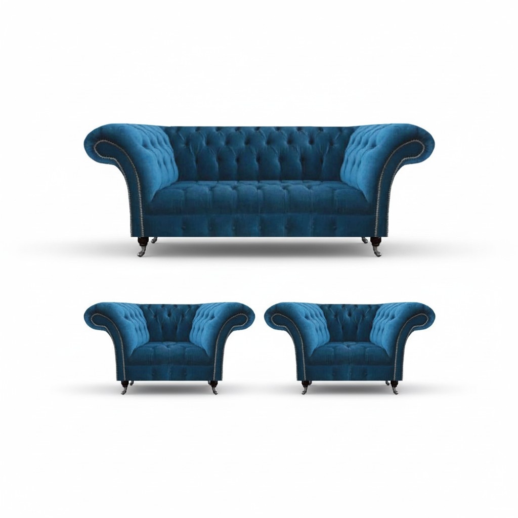 Designer blue Chesterfield upholstered furniture living room couch 2x armchairs 3-piece set