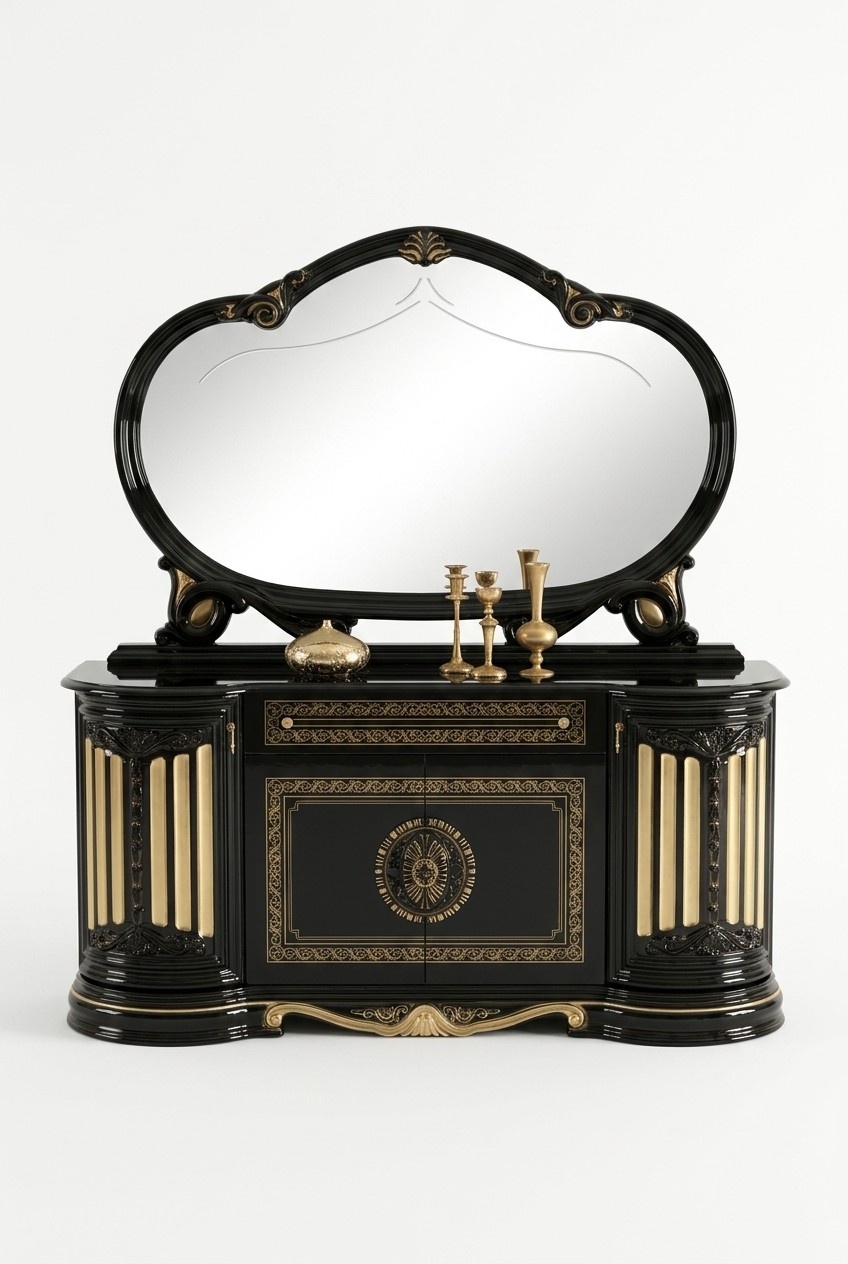 Baroque style made of real wooden sideboard with massive oval mirror