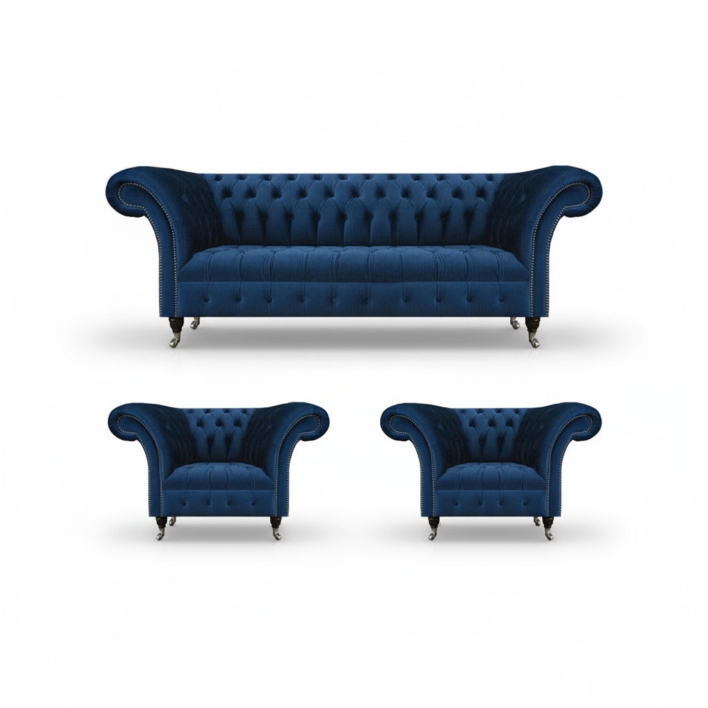 Designer Chesterfield Furniture Luxurious Upholstered Sofa 2x Textile Armchairs 3-piece set