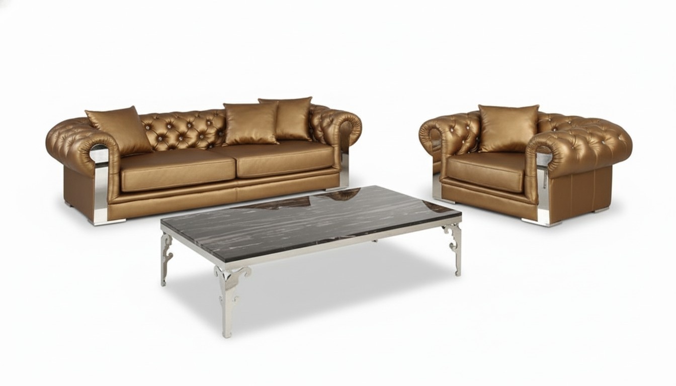Chesterfield Sofa Set 3+1 Seaters Upholstered Faux Leather Gold With Cushions New