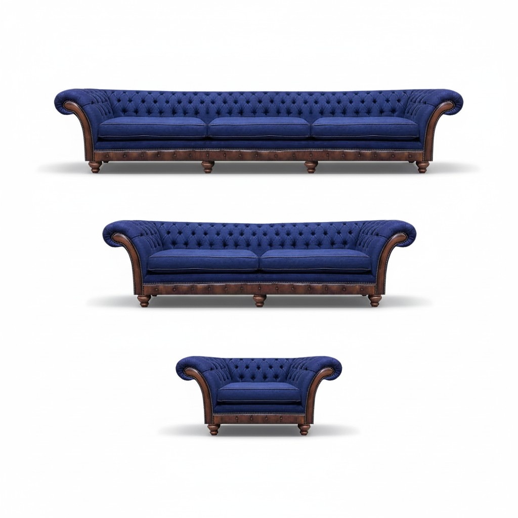 Designer Chesterfield Sofa Set Elegant Blue Three-Seater Chair 3-piece
