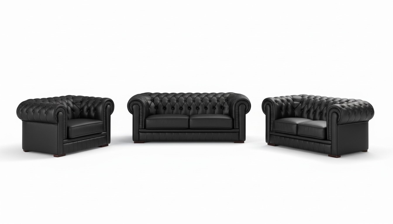 Designer Chesterfield sofa set leather 3+2+1 leather fabric couch upholstery sofa Black New