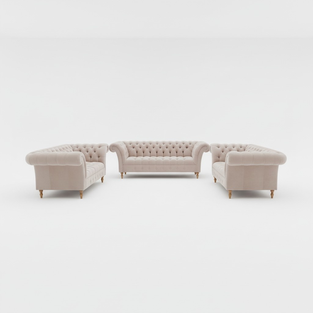 Designer Chesterfield Sofa Set Textile Beige 3+2+2 Couch Upholstery Sofa Couches