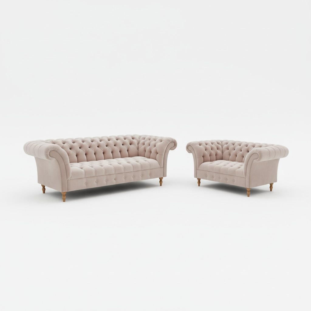 Chesterfield Classic Sofa Set 3+2 Seaters Upholstered Light Pink Living Room Couches Set Faux Leather