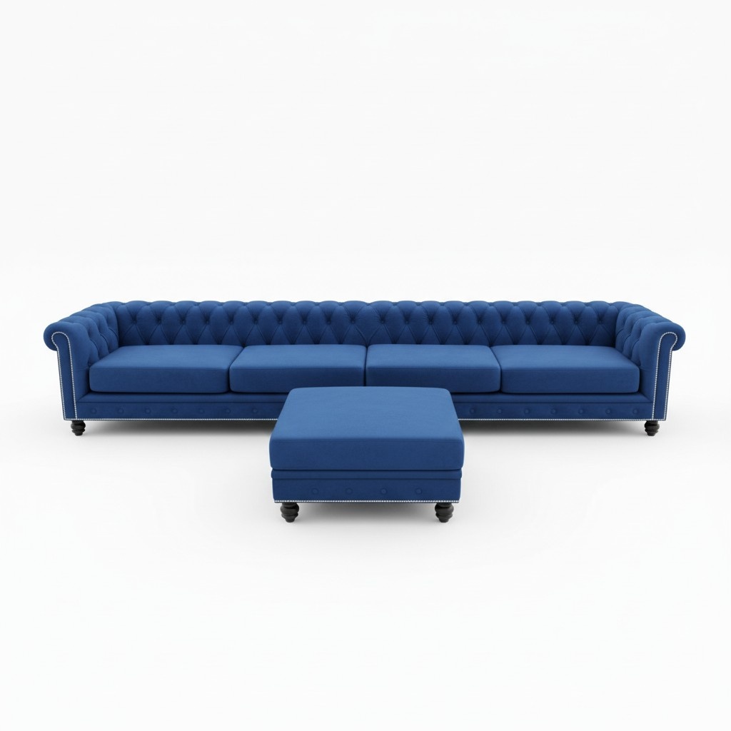 Chesterfield Sofa Set Textile XXL 4 Metre Sofa + Stool Upholstered Blue Living Room Couch