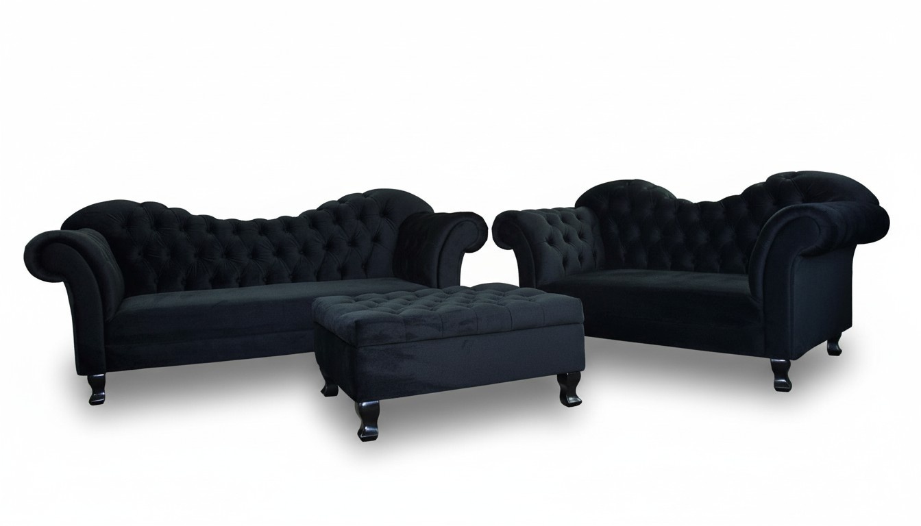 Designer Chesterfield sofa set textile 3 + 2 + Stool couch upholstery sofa new Black