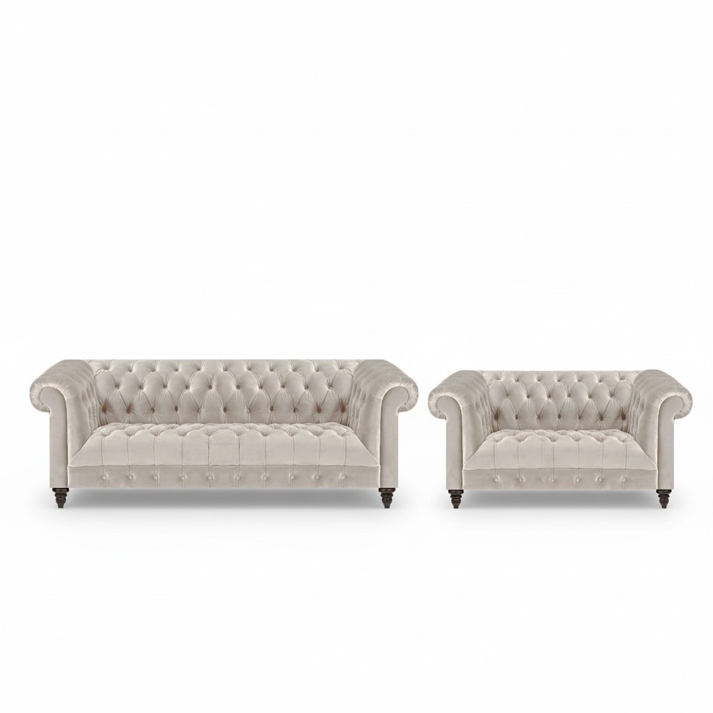 Designer Chesterfield White Couch Set 3-Seater Textile Two-Seater