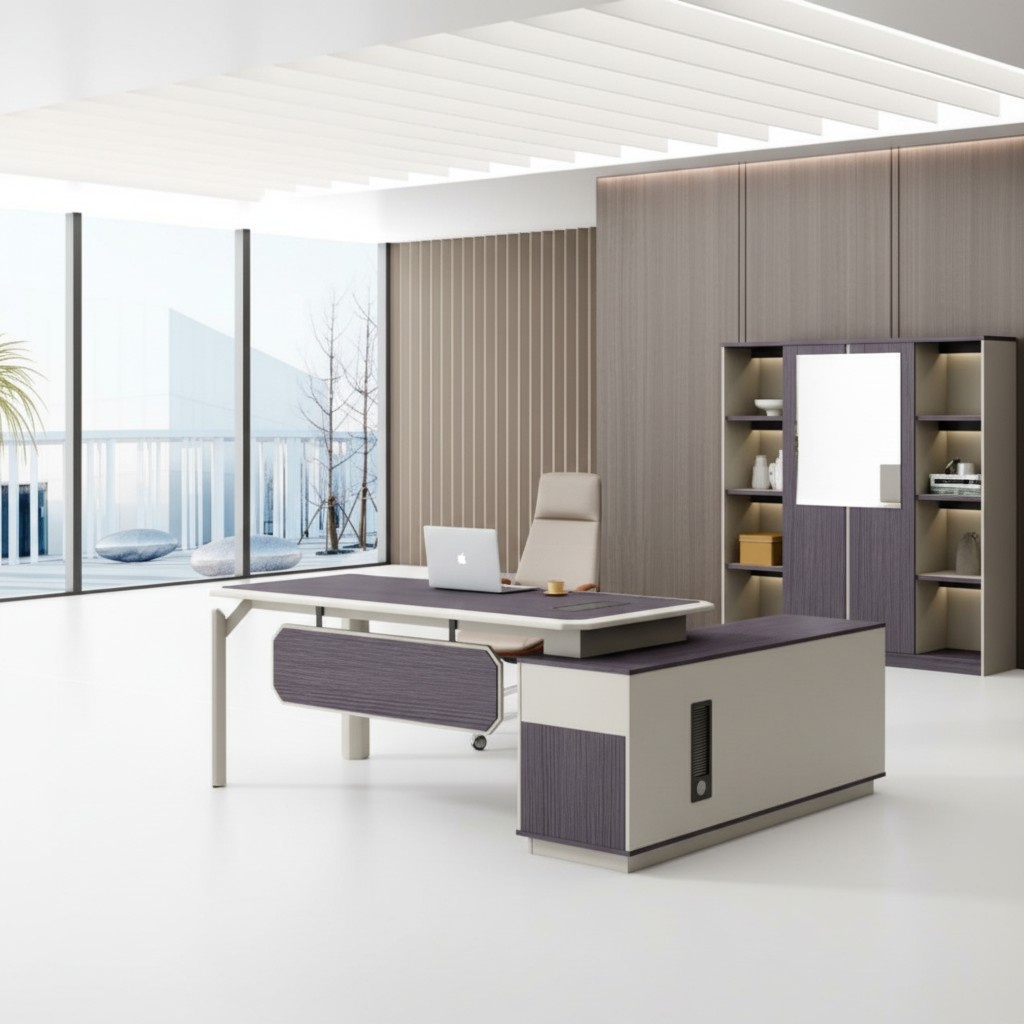 Designer L-shaped desk with filing cabinet office furniture executive room setup 2-piece set.