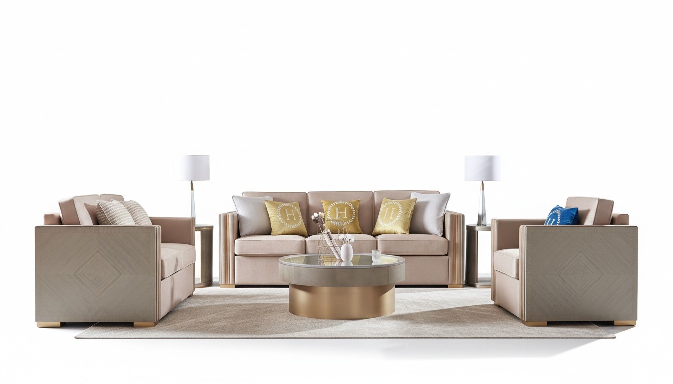 Sofa Set 3 + 1 Seaters Beige Premium Design Living Room Couches Upholstered Stainless Steel Fabric Wood New