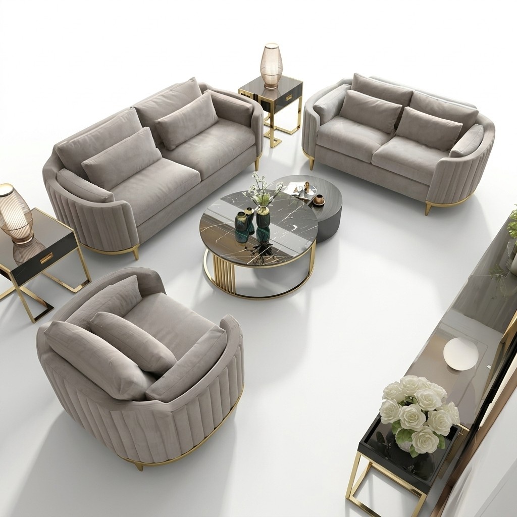 Designer Couch Upholstery Seat Set Sofa 3+1 Leather Living Room Leather Metal New