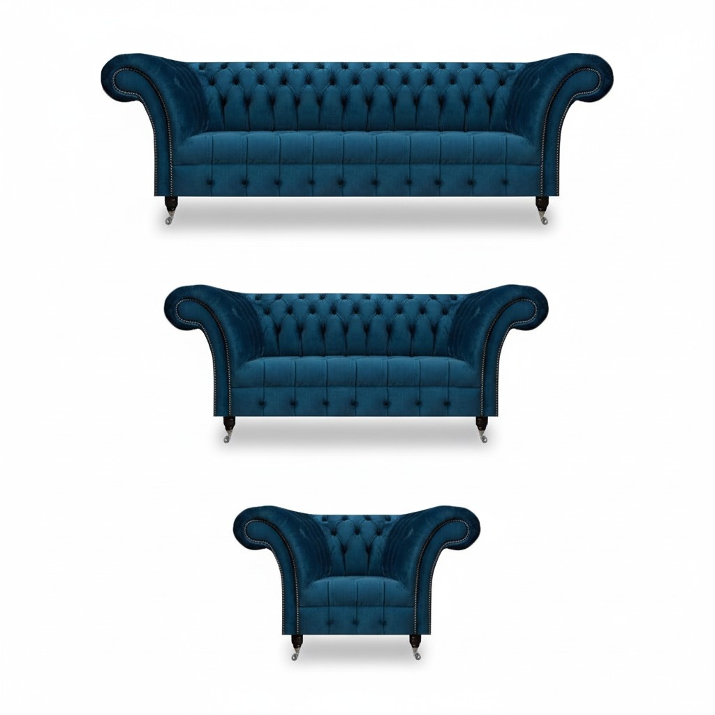 Designer dark blue Chesterfield sofas elegant armchair upholstery furniture 3pcs