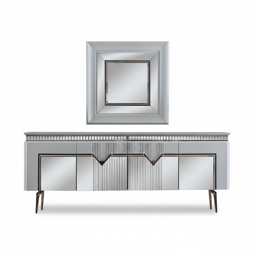 Designer dining room set consists of 2-piece sideboard mirror chest of drawers silver